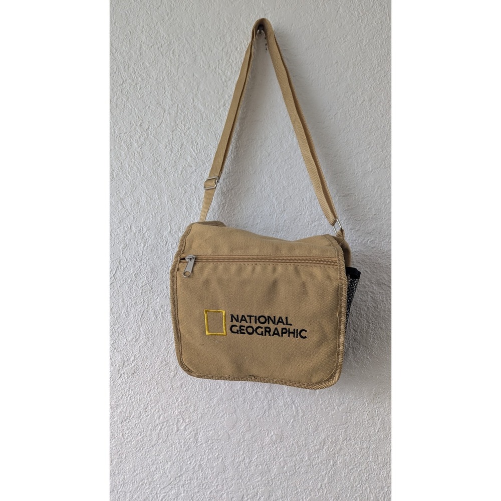 National Geographic Tan Canvas Messenger Field Bag Crossbody Embroidered Logo